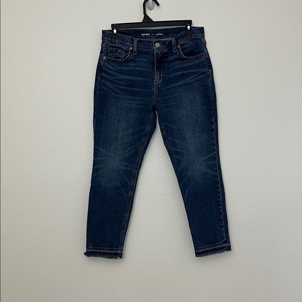 Old Navy mid-rise dark wash raw-hem boyfriend blue denim jeans SZ 4